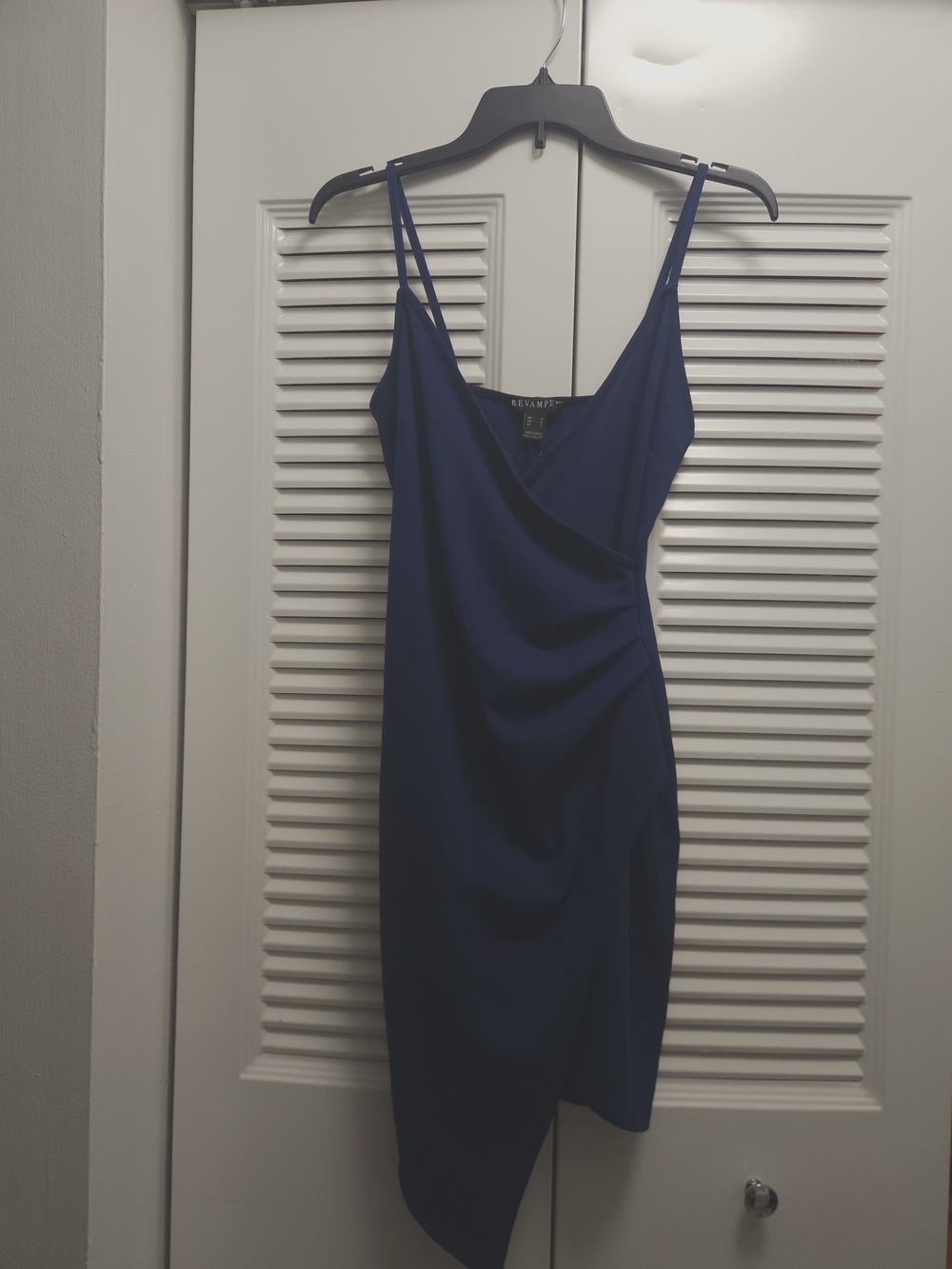 REVAMPED Navy Blue Cowl Neck Spaghetti Strap Dress – Size S